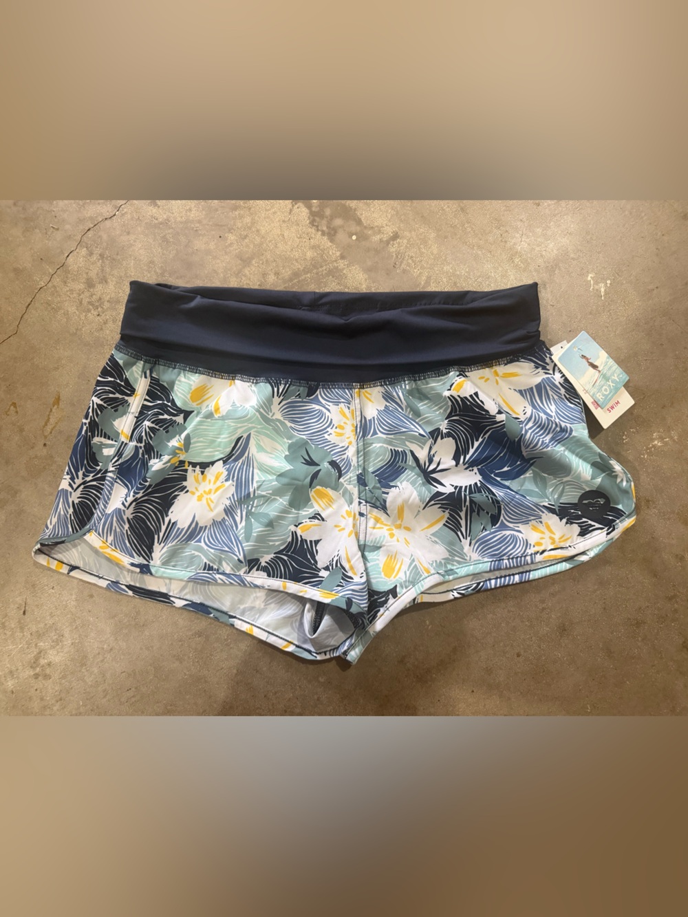 Roxy Floral Swim Shorts in Navy, Light Blue, Yellow